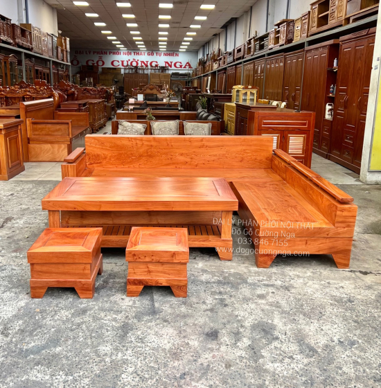 Bộ Bàn Ghế Sofa Gỗ Hương Đá Góc L 2m44x2m Cao Cấp 