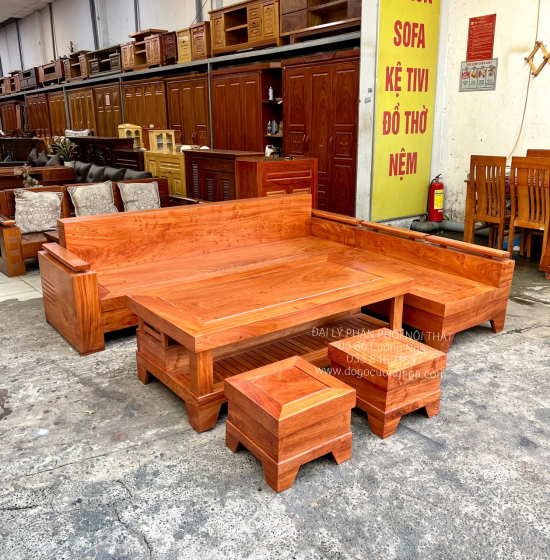 Bộ Bàn Ghế Sofa Gỗ Hương Đá Góc L 2m44x2m Cao Cấp 