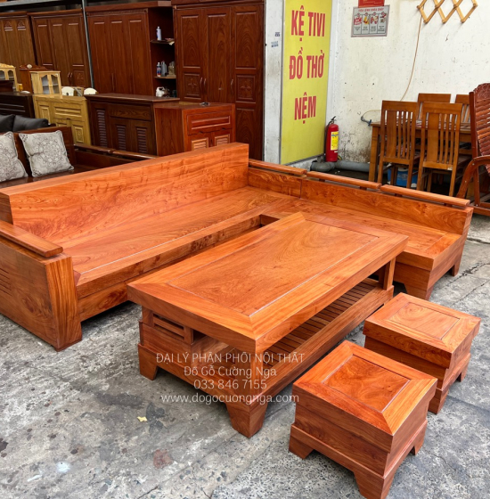 Bộ Bàn Ghế Sofa Gỗ Hương Đá Góc L 2m44x2m Cao Cấp 