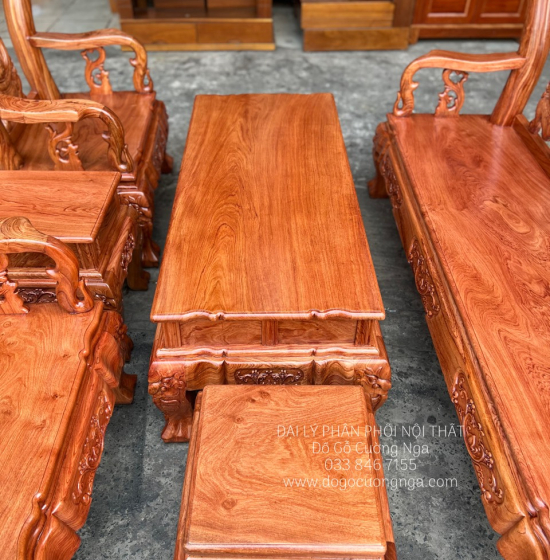 Bộ Bàn Ghế Salon Gỗ Hương Đá Mặt Liền Nguyên Tấm 10 Trạm Đào 6 Món 