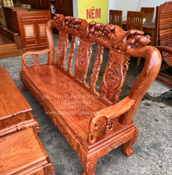 Bộ Bàn Ghế Salon Gỗ Hương Đá Mặt Liền Nguyên Tấm 10 Trạm Đào 6 Món 