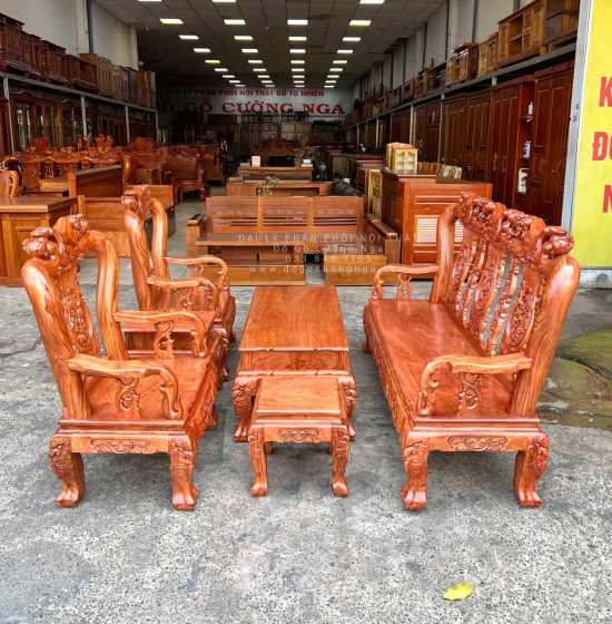 Bộ Bàn Ghế Salon Gỗ Hương Đá Mặt Liền Nguyên Tấm 10 Trạm Đào 6 Món 