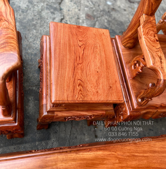 Bộ Bàn Ghế Salon Gỗ Hương Đá Mặt Liền Nguyên Tấm 10 Trạm Đào 6 Món 