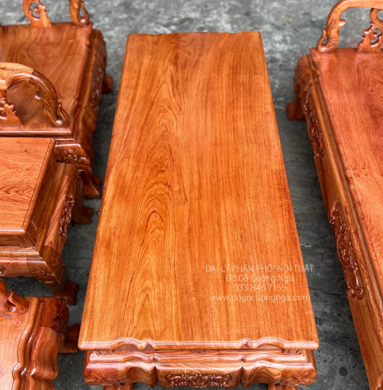 Bộ Bàn Ghế Salon Gỗ Hương Đá Mặt Liền Nguyên Tấm 10 Trạm Đào 6 Món 