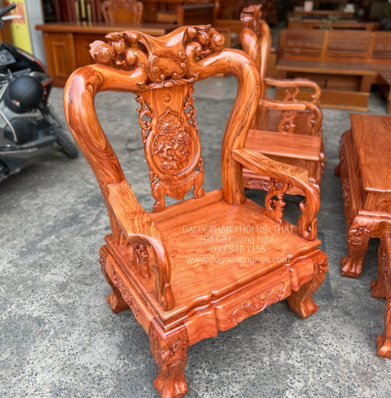 Bộ Bàn Ghế Salon Gỗ Hương Đá Mặt Liền Nguyên Tấm 10 Trạm Đào 6 Món 