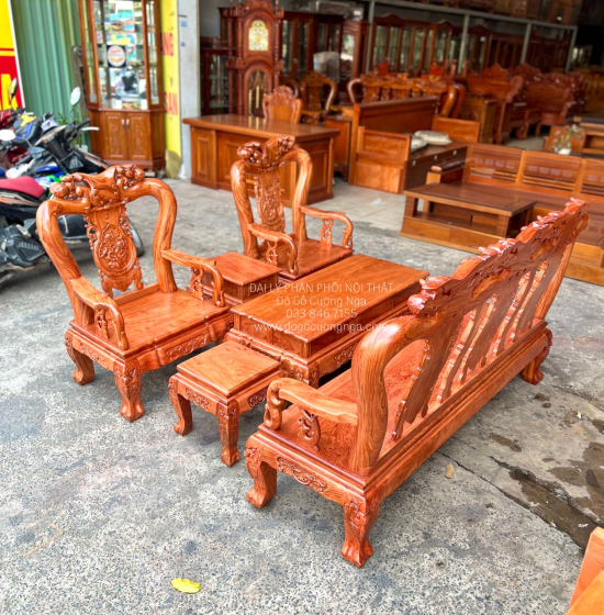 Bộ Bàn Ghế Salon Gỗ Hương Đá Mặt Liền Nguyên Tấm 10 Trạm Đào 6 Món 