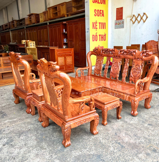 Bộ Bàn Ghế Salon Gỗ Hương Đá Mặt Liền Nguyên Tấm 10 Trạm Đào 6 Món 