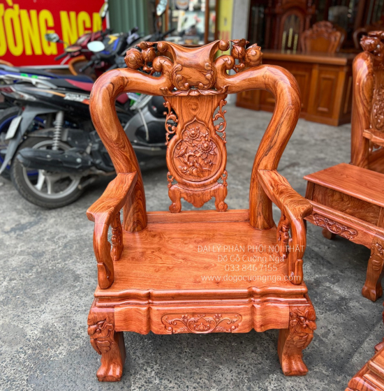 Bộ Bàn Ghế Salon Gỗ Hương Đá Mặt Liền Nguyên Tấm 10 Trạm Đào 6 Món 