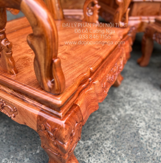 Bộ Bàn Ghế Salon Gỗ Hương Đá Mặt Liền Nguyên Tấm 10 Trạm Đào 6 Món 