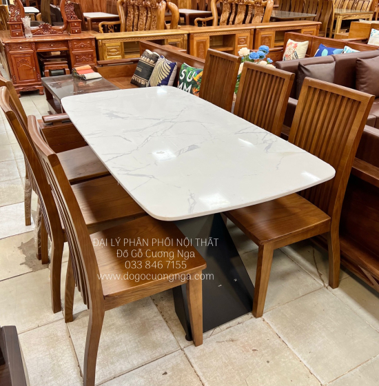 Bàn Ăn Gỗ Sồi Màu Óc Chó 6 Ghế Kết Hợp Mặt Đá Sang Trọng BG 11-2