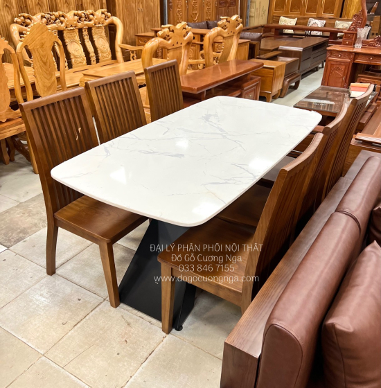 Bàn Ăn Gỗ Sồi Màu Óc Chó 6 Ghế Kết Hợp Mặt Đá Sang Trọng BG 11-2
