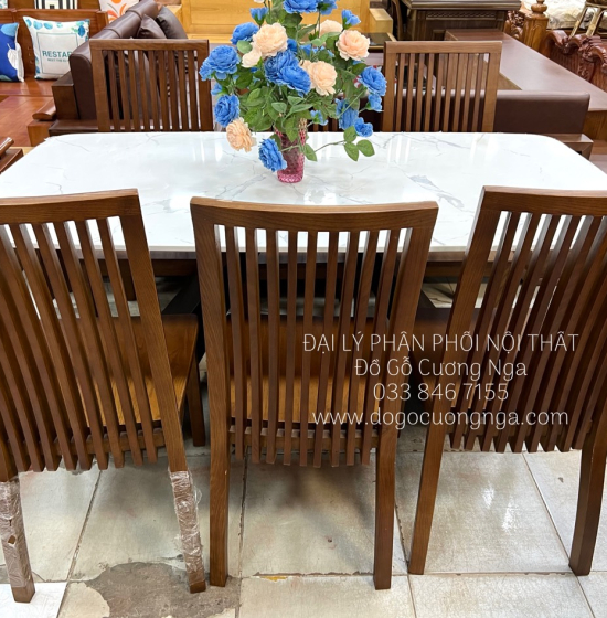 Bàn Ăn Gỗ Sồi Màu Óc Chó 6 Ghế Kết Hợp Mặt Đá Sang Trọng BG 11-2