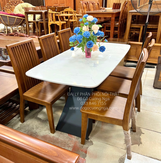 Bàn Ăn Gỗ Sồi Màu Óc Chó 6 Ghế Kết Hợp Mặt Đá Sang Trọng BG 11-2