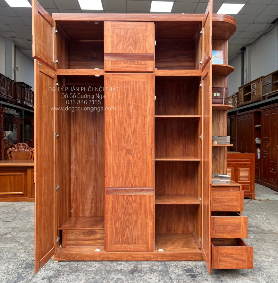 Tủ Quần Áo Gỗ Cẩm Vân 3 Cánh Góc Cao 2 Tầng CV 29.15