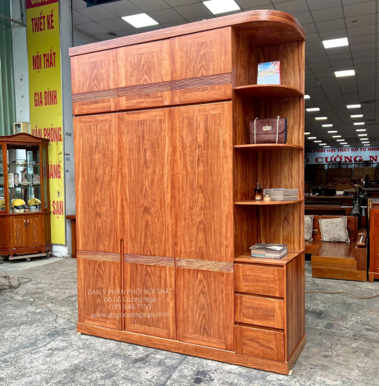 Tủ Quần Áo Gỗ Cẩm Vân 3 Cánh Góc Cao 2 Tầng CV 29.15