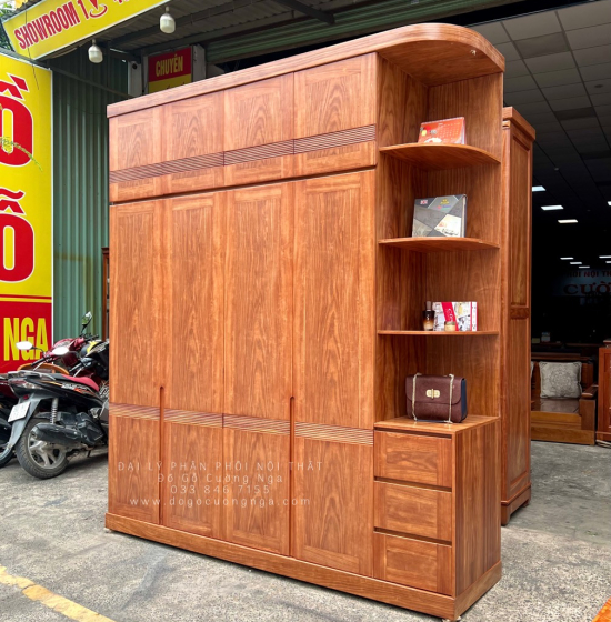 Tủ Quần Áo Gỗ Cẩm Vân 4 Cánh Góc Cao 2 Tầng CV29.1