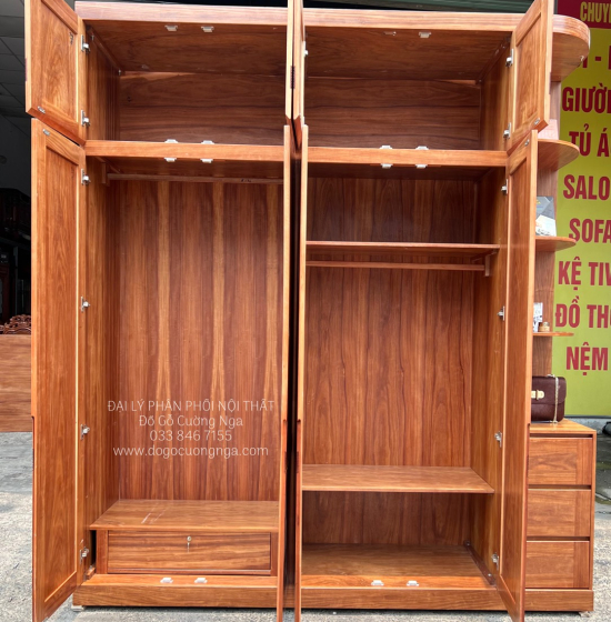 Tủ Quần Áo Gỗ Cẩm Vân 4 Cánh Góc Cao 2 Tầng CV29.1
