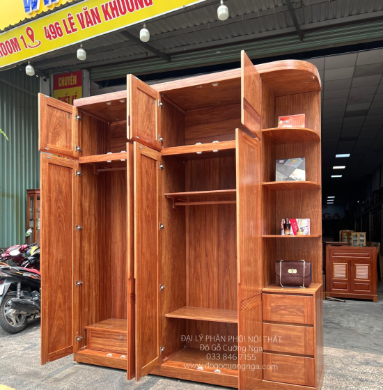 Tủ Quần Áo Gỗ Cẩm Vân 4 Cánh Góc Cao 2 Tầng CV29.1