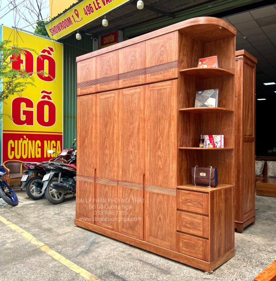 Tủ Quần Áo Gỗ Cẩm Vân 4 Cánh Góc Cao 2 Tầng CV29.1