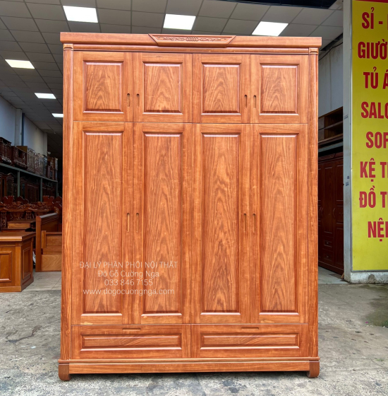 Tủ Quần Áo Gỗ Cẩm Vân 4 Cánh Cao 2 Tầng Thiết Kế Tiện Nghi