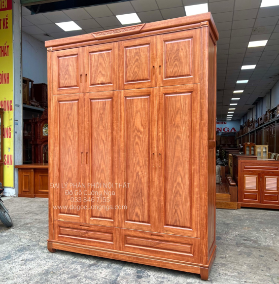 Tủ Quần Áo Gỗ Cẩm Vân 4 Cánh Cao 2 Tầng Thiết Kế Tiện Nghi