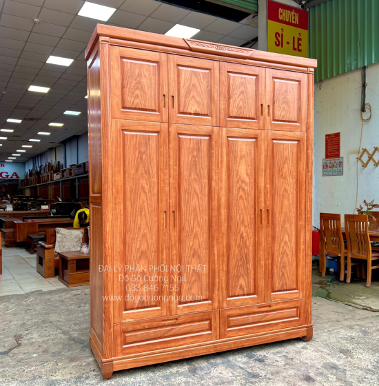 Tủ Quần Áo Gỗ Cẩm Vân 4 Cánh Cao 2 Tầng Thiết Kế Tiện Nghi