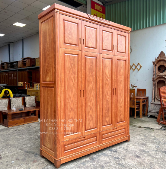 Tủ Quần Áo Gỗ Cẩm Vân 4 Cánh Cao 2 Tầng Thiết Kế Tiện Nghi