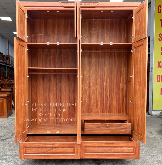 Tủ Quần Áo Gỗ Cẩm Vân 4 Cánh Cao 2 Tầng Thiết Kế Tiện Nghi