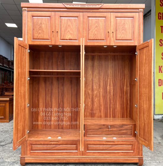 Tủ Quần Áo Gỗ Cẩm Vân 4 Cánh Cao 2 Tầng Thiết Kế Tiện Nghi