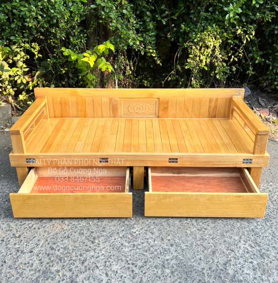 Giường Gấp Gỗ Sồi 2 Ngăn Kéo 1m4x1m9 Màu Tự Nhiên Giá Rẻ 