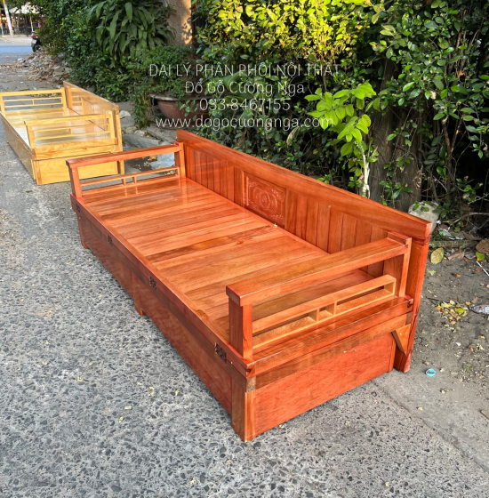 Ghế Giường Gỗ Sồi 2 Ngăn Kéo 1m4x1m9 Màu Cánh Gián Đẹp Giá Rẻ 