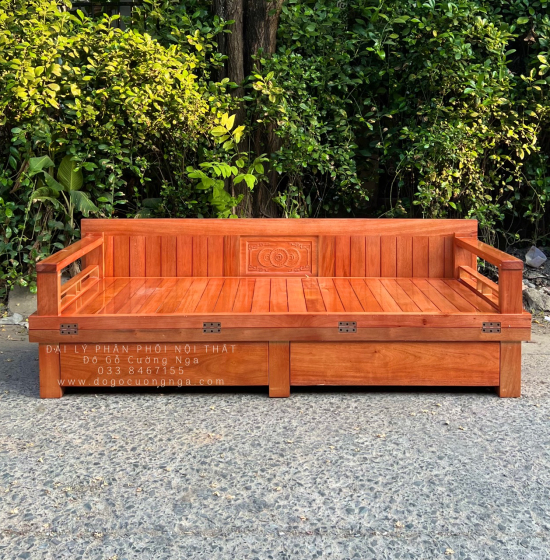 Giường gấp ô kéo gỗ sồi 1m2x1m9 - màu cánh gián 