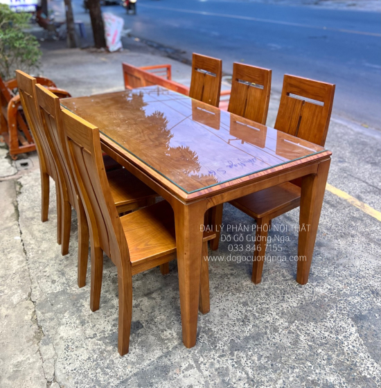 Bộ bàn ăn gỗ sồi nga 6 ghế - lau màu óc chó hiện đại 