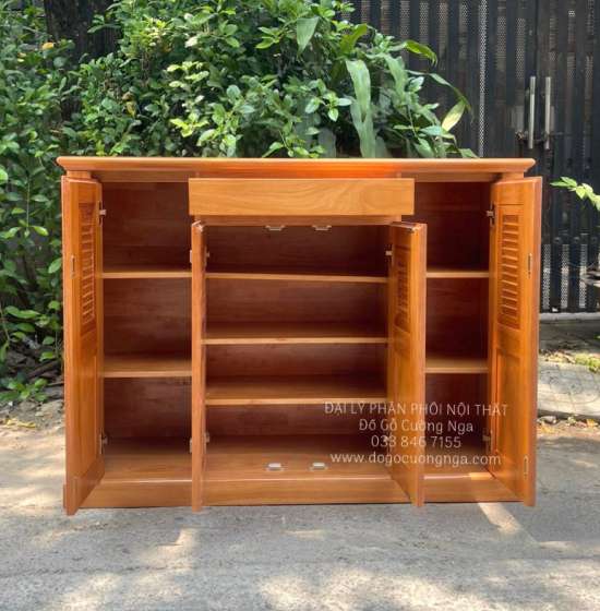 Tủ Giày Dép Gỗ Gõ Đỏ 4 Cánh Lá Sách TD 17.1