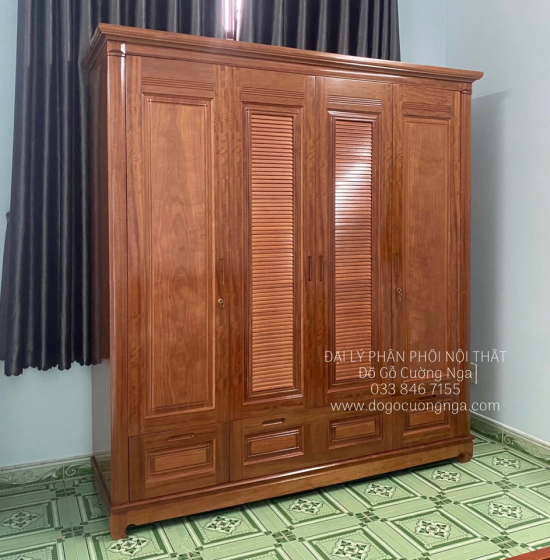 Tủ quần áo gỗ xoan đào 4 cánh - 2m mẫu lá sách 