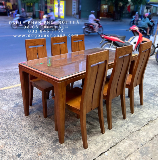 Bộ bàn ăn gỗ sồi nga 6 ghế - lau màu óc chó hiện đại 