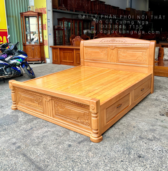 Giường Gỗ Gõ Đỏ Cao Cấp 2 Ngăn Kéo Mẫu X Cong 
