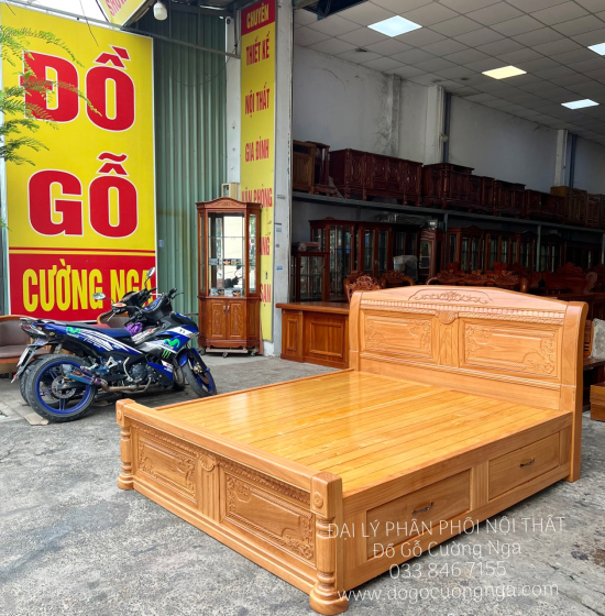 Giường Gỗ Gõ Đỏ Cao Cấp 2 Ngăn Kéo Mẫu X Cong 