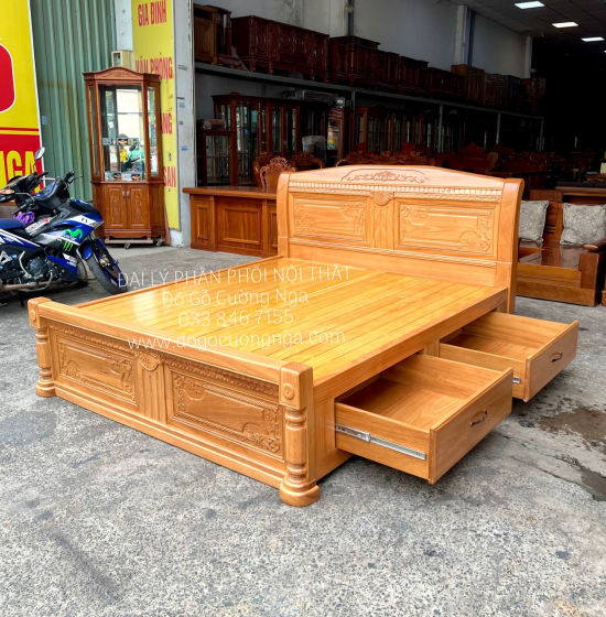 Giường Gỗ Gõ Đỏ Cao Cấp 2 Ngăn Kéo Mẫu X Cong 