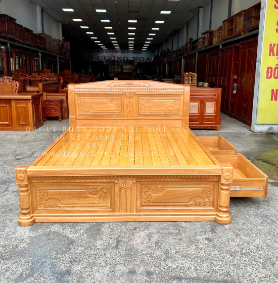 Giường Gỗ Gõ Đỏ Cao Cấp 2 Ngăn Kéo Mẫu X Cong 