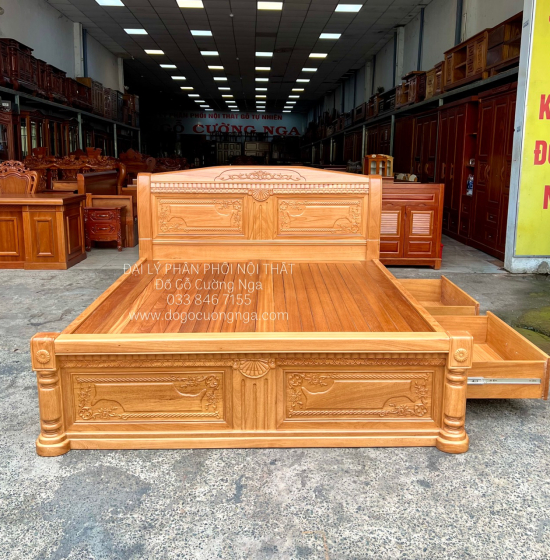 Giường Gỗ Gõ Đỏ Cao Cấp 2 Ngăn Kéo Bền Đẹp Chất Lượng