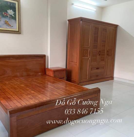 Tủ quần áo gỗ xoan đào 4 cánh hiện đại - hoa thị lá sách 