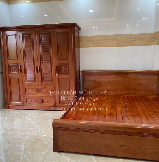 Tủ quần áo gỗ xoan đào 4 cánh hiện đại - hoa thị lá sách 