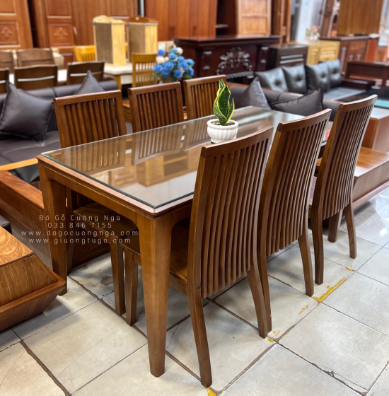 Bộ Bàn Ăn Gỗ Sồi Nga Lau Màu Óc Chó 6 Ghế Hiện Đại BG 11-1