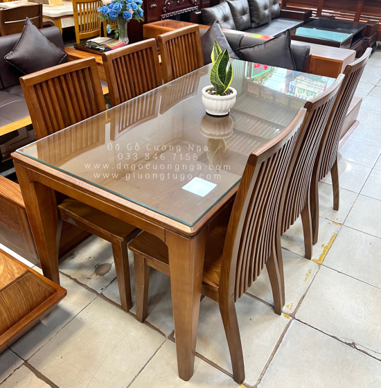 Bộ Bàn Ăn Gỗ Sồi Nga Lau Màu Óc Chó 6 Ghế Hiện Đại BG 11-1