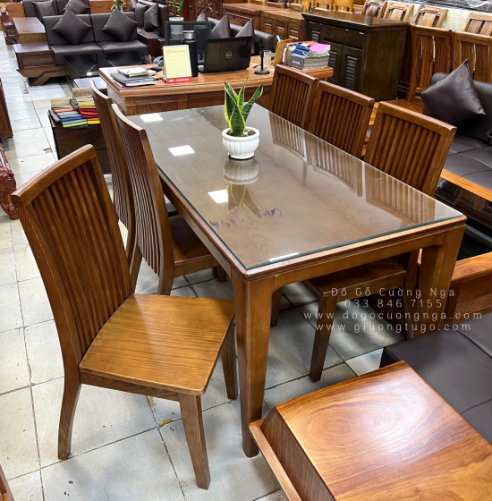 Bộ Bàn Ăn Gỗ Sồi Nga Lau Màu Óc Chó 6 Ghế Hiện Đại BG 11-1