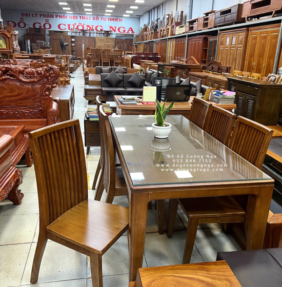Bộ Bàn Ăn Gỗ Sồi Nga Lau Màu Óc Chó 6 Ghế Hiện Đại BG 11-1