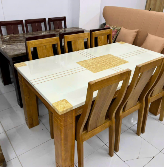 Bộ bàn ghế ăn mặt đá 6 ghế - màu phớt vàng 