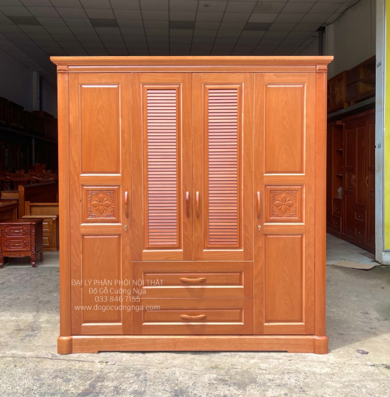Tủ quần áo gỗ xoan đào 4 cánh hiện đại - hoa thị lá sách 