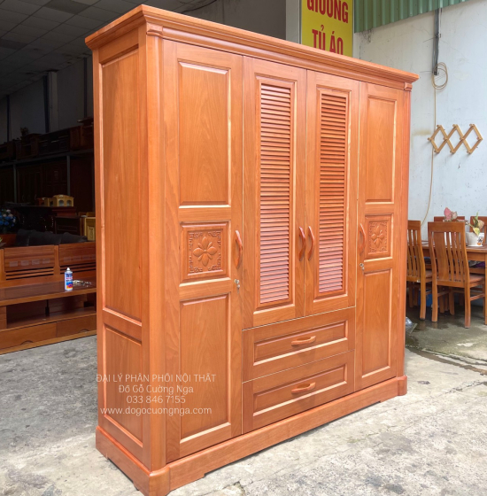 Tủ quần áo gỗ xoan đào 4 cánh hiện đại - hoa thị lá sách 